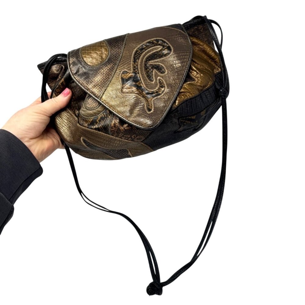Sharif Vintage Leather‎ Crossbody Bag Snakeskin Croc Embossed Bronze Copper USA